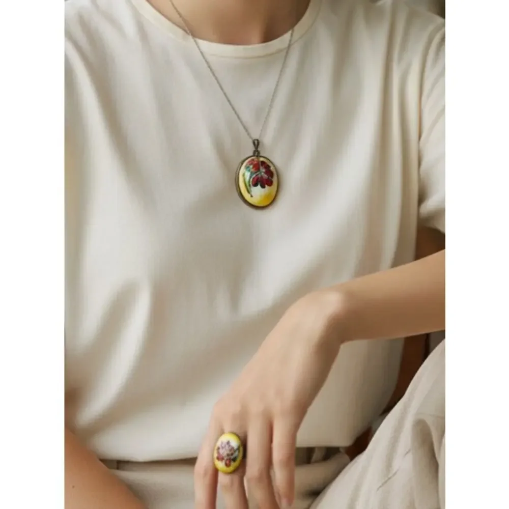 Vintage Hand Painted Floral Ceramic Jewelry Set Ring Pendant Yellow Red